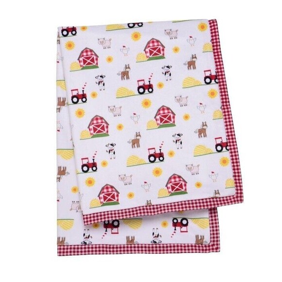 Baby Starters Farm Animals Plush Baby Blanket Cow Barn Tractor Red Plaid Trim - Picture 7 of 8